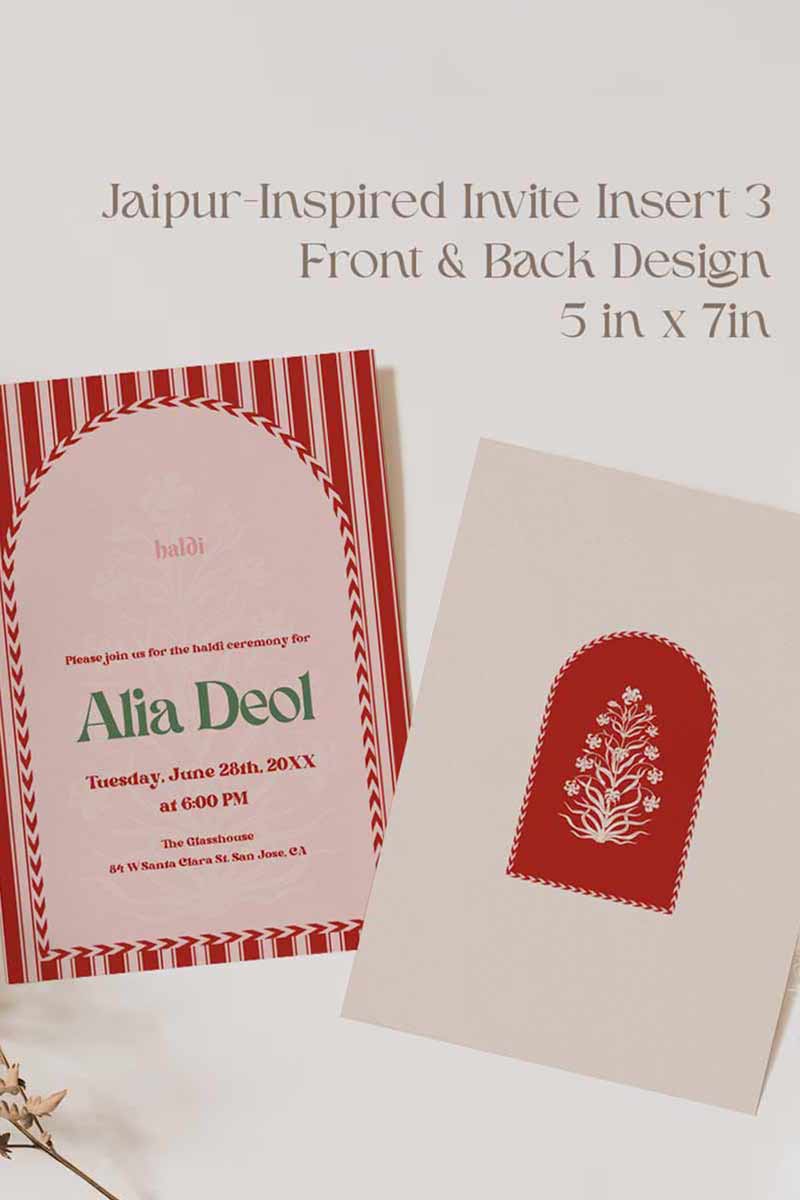 Jaipur-inspired Wedding Invitation Set in the shades of red, pink, green, and beige. With red florals. Jaipur block print artwork. It is inspired by the Villa Palladio in Jaipur. Sized at 5" x 7" with front and back design options. Indian Wedding Invitation Set. Personalize and customize in Canva. Print at any local printer around the World. Florals & Birds