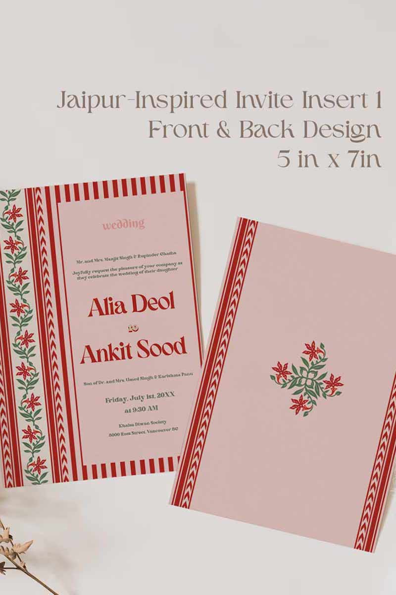 Jaipur-inspired Wedding Invitation Set in the shades of red, pink, green, and beige. With red florals. Jaipur block print artwork. It is inspired by the Villa Palladio in Jaipur. Sized at 5" x 7" with front and back design options. Indian Wedding Invitation Set. Personalize and customize in Canva. Print at any local printer around the World. Florals & Birds