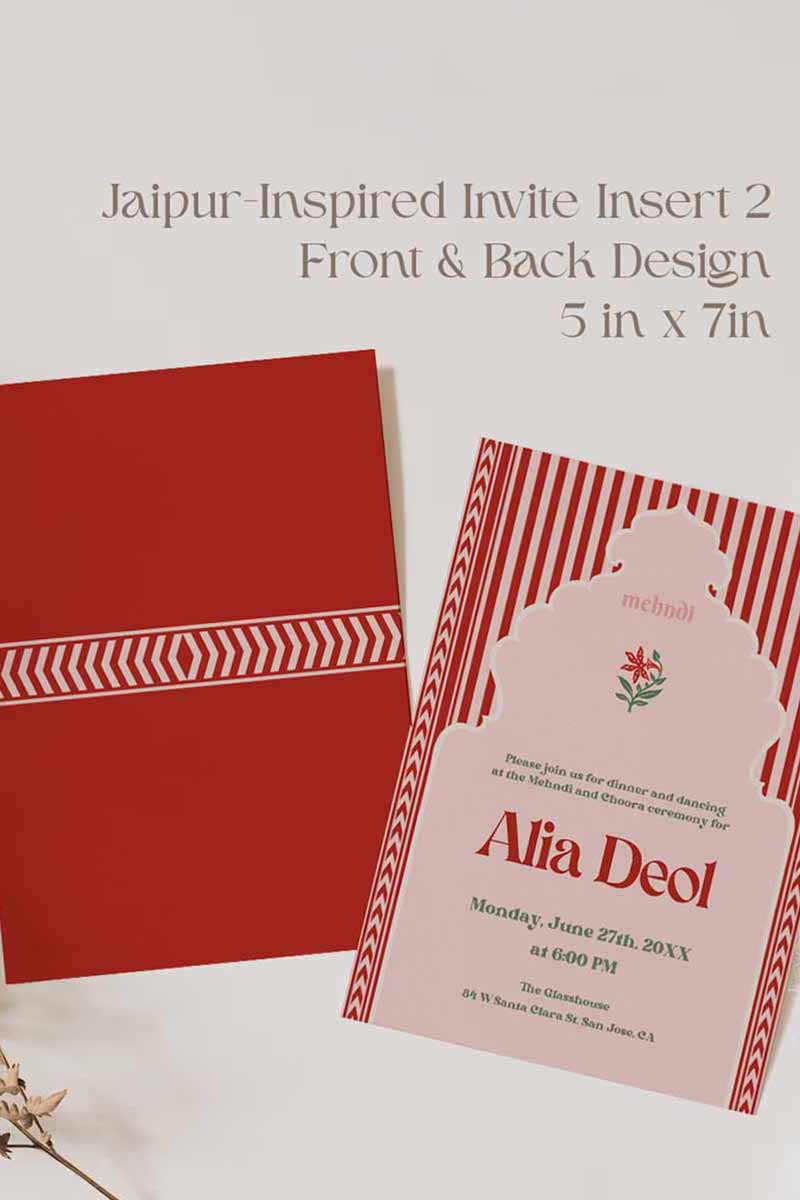 Jaipur-inspired Wedding Invitation Set in the shades of red, pink, green, and beige. With red florals. Jaipur block print artwork. It is inspired by the Villa Palladio in Jaipur. Sized at 5" x 7" with front and back design options. Indian Wedding Invitation Set. Personalize and customize in Canva. Print at any local printer around the World. Florals & Birds