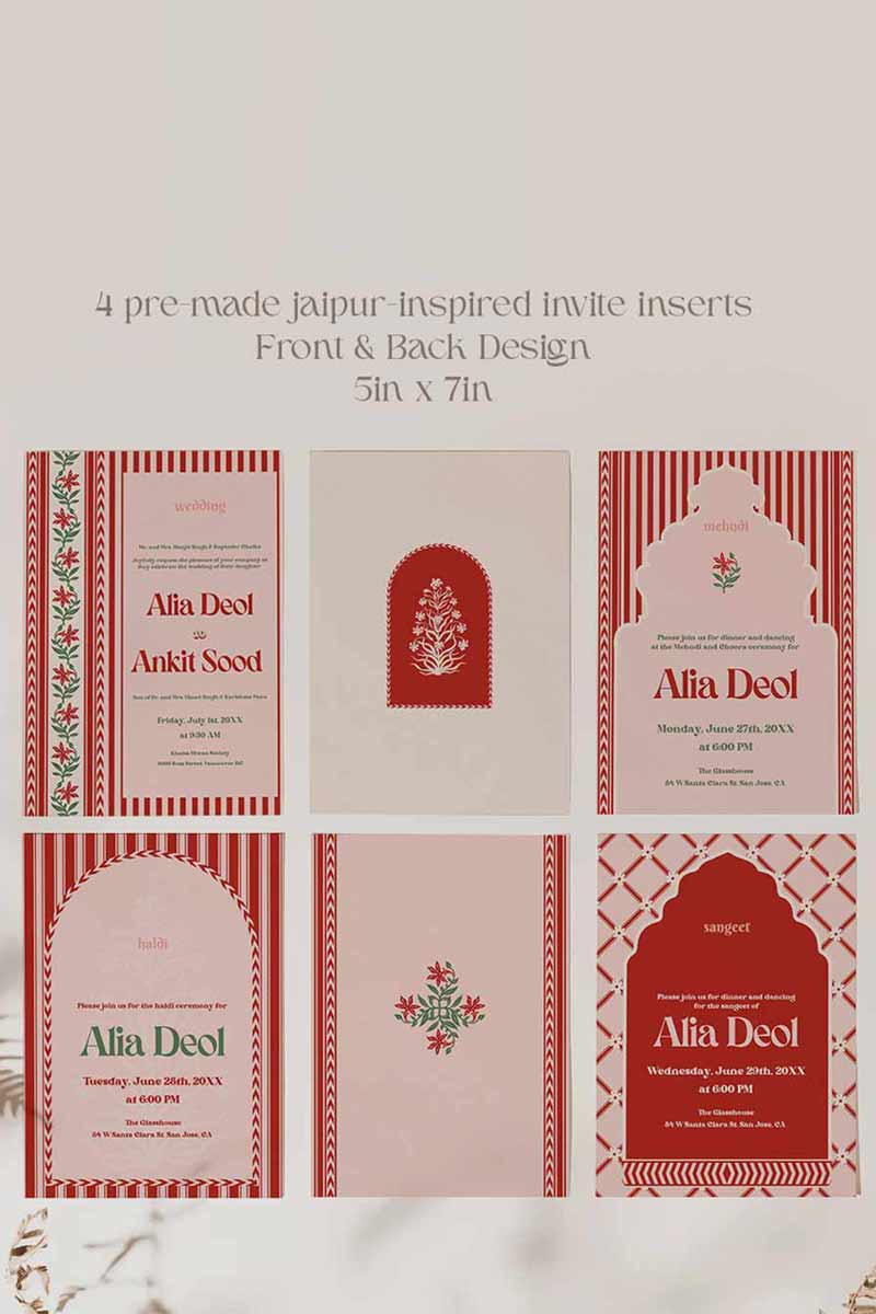 Jaipur-inspired Wedding Invitation Set in the shades of red, pink, green, and beige. With red florals. Jaipur block print artwork. It is inspired by the Villa Palladio in Jaipur. Sized at 5" x 7" with front and back design options. Indian Wedding Invitation Set. Personalize and customize in Canva. Print at any local printer around the World. Florals & Birds