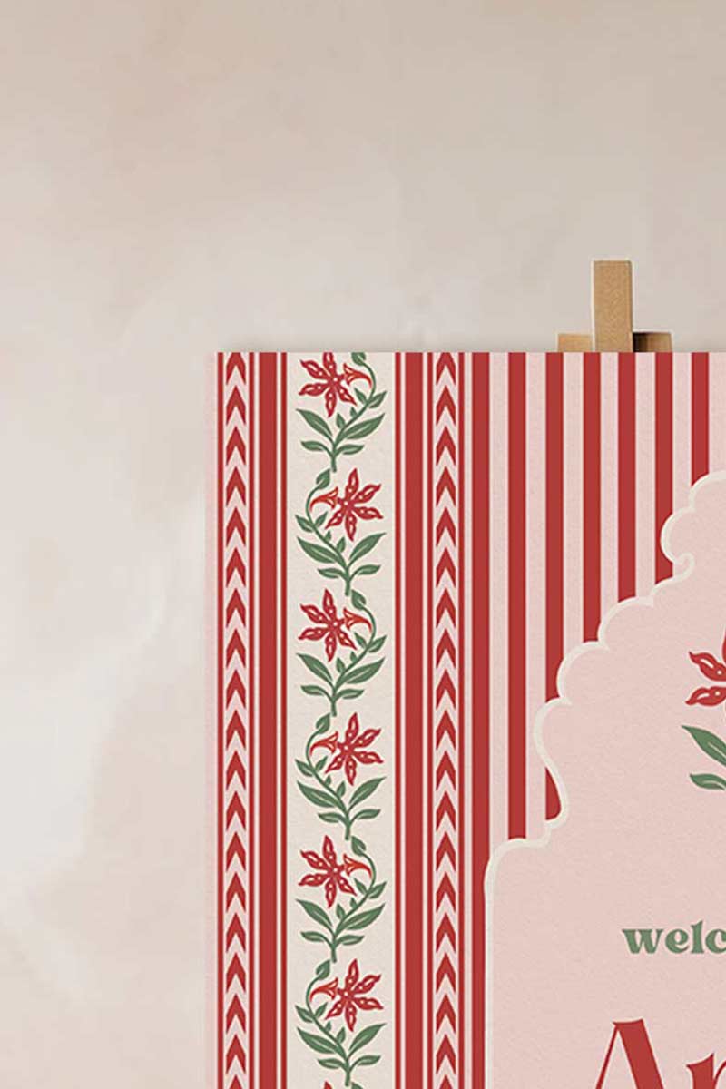 Jaipur block print Welcome Sign with florals stripes and chevron pattern in the shades of red, pink, and beige. Indian Wedding Events like jago, sangeet, mehndi, haldi, chunni & maiyan. Inspired by Villa Palladio Jaipur. Palace Arches. Traditional and modern indian design. Personalize and customize in Canva. Print at any local printer around the World.