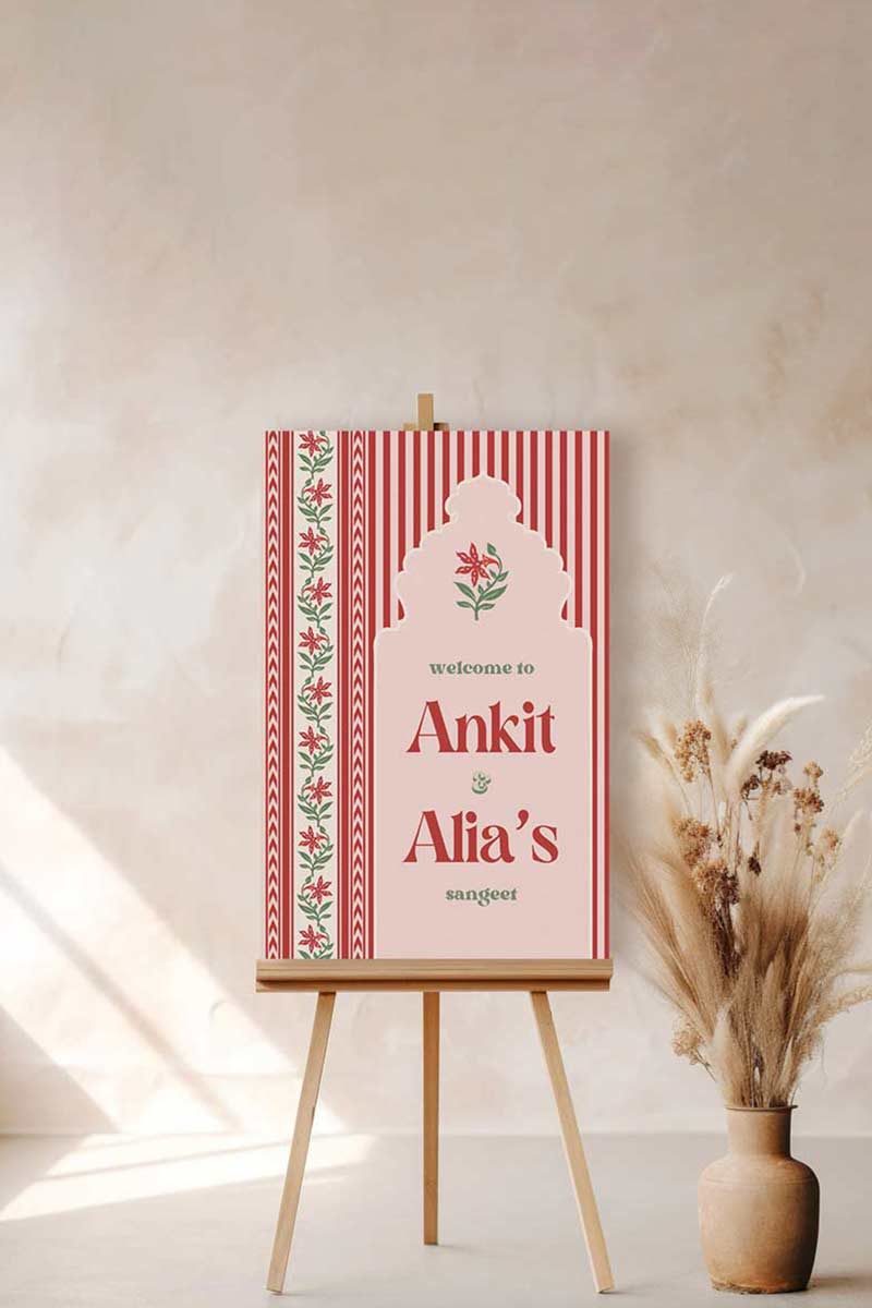 Jaipur block print Welcome Sign with florals stripes and chevron pattern in the shades of red, pink, and beige. Indian Wedding Events like jago, sangeet, mehndi, haldi, chunni & maiyan. Inspired by Villa Palladio Jaipur. Palace Arches. Traditional and modern indian design. Personalize and customize in Canva. Print at any local printer around the World.