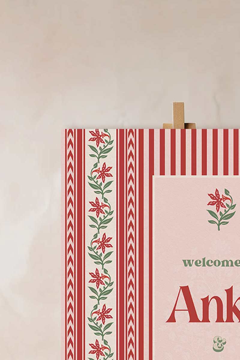 Jaipur block print Welcome Sign with florals stripes and chevron pattern in the shades of red, pink, and beige. Indian Wedding Events like jago, sangeet, mehndi, haldi, chunni & maiyan. Inspired by Villa Palladio Jaipur. Palace Arches. Traditional and modern indian design. Personalize and customize in Canva. Print at any local printer around the World.