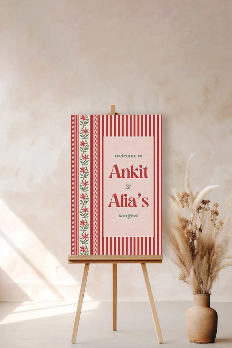 Jaipur block print Welcome Sign with florals stripes and chevron pattern in the shades of red, pink, and beige. Indian Wedding Events like jago, sangeet, mehndi, haldi, chunni & maiyan. Inspired by Villa Palladio Jaipur. Palace Arches. Traditional and modern indian design. Personalize and customize in Canva. Print at any local printer around the World.