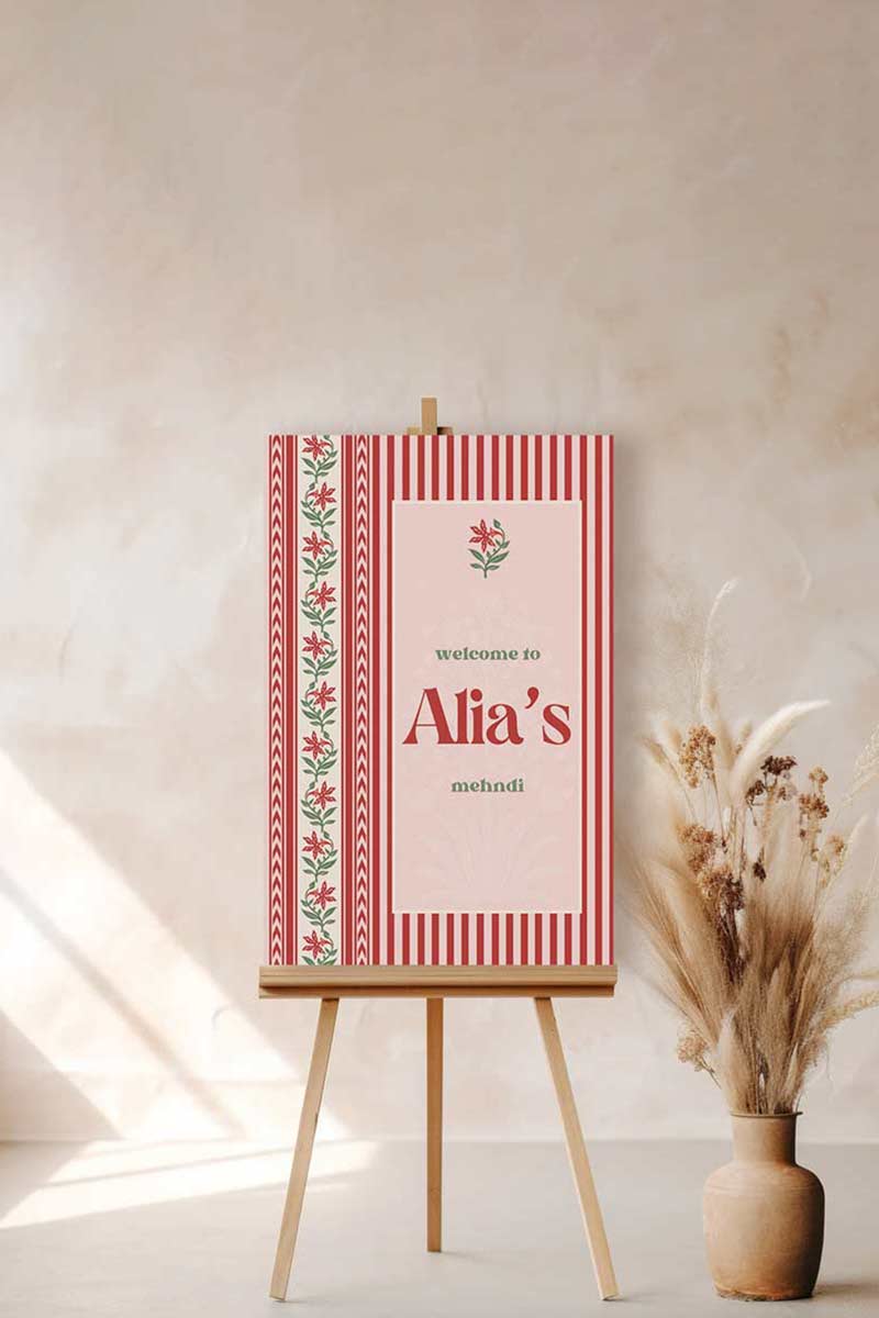 Jaipur block print Welcome Sign with florals stripes and chevron pattern in the shades of red, pink, and beige. Indian Wedding Events like jago, sangeet, mehndi, haldi, chunni & maiyan. Inspired by Villa Palladio Jaipur. Palace Arches. Traditional and modern indian design. Personalize and customize in Canva. Print at any local printer around the World.