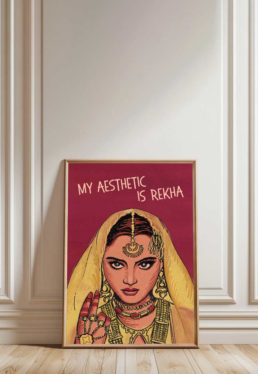 Rekha poster, rekha wall art, Bollywood actress, iconic actress rekha, umrao jaan poster. My Aesthetic is Rekha. Regal Indian Women. Queen of hearts. 90s movie classic. In aankhon ki masti mein. Wall Art, Home Decor, Office Decor. Retro wall art poster. Iconic. Digital wall art