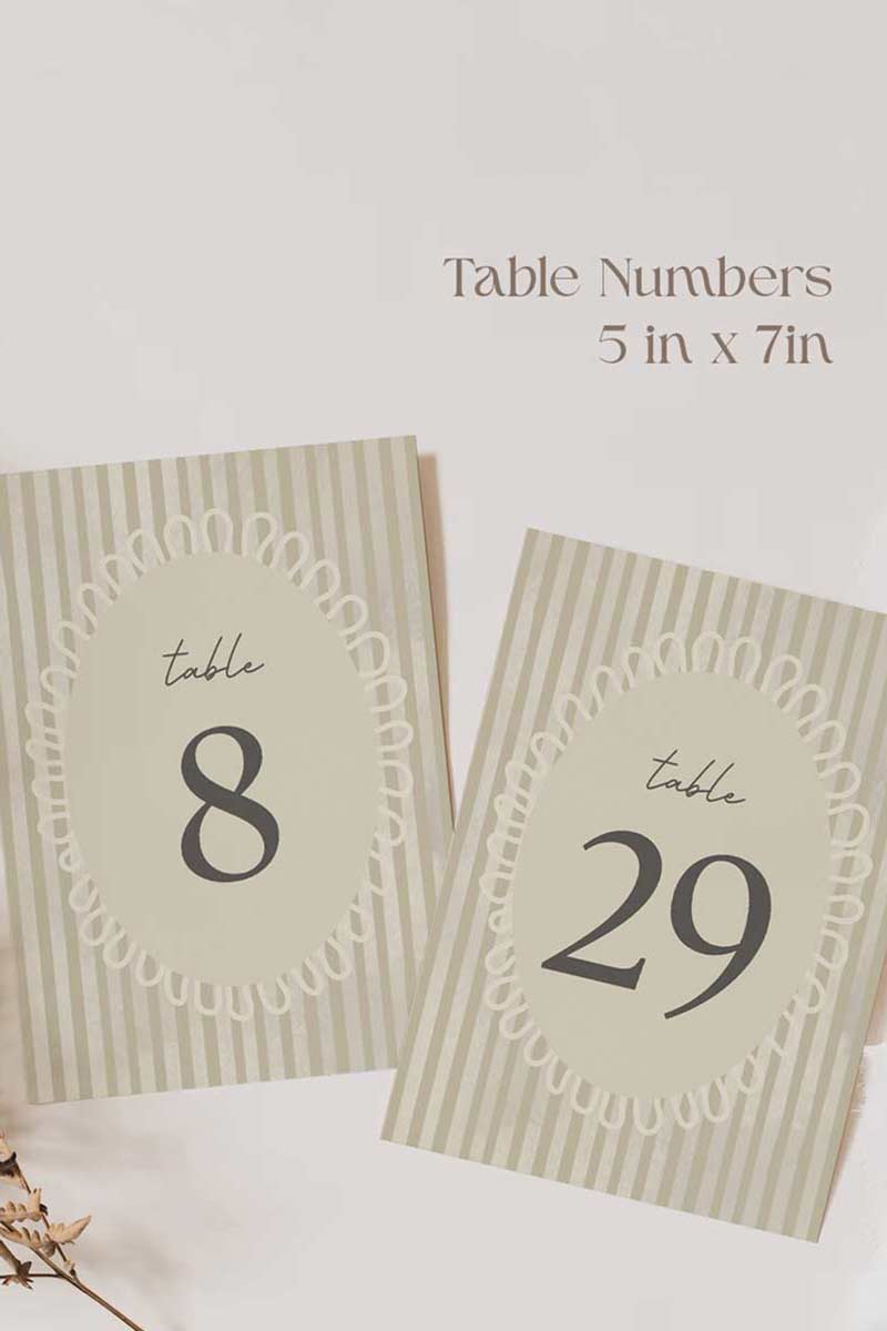 Striped table numbers. Bridal shower table numbers. beige. Wedding table decor. Corporate event table number. Guest seating. Find your table. Celebration events for engagement, birthday, baby shower or weddings. Wedding & event stationery. Personalize & customize in Canva. Digital Download. Print around the world at a local print shop