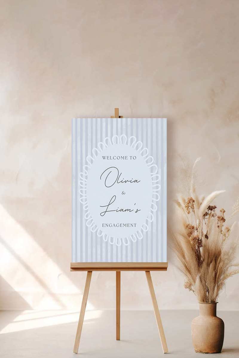 Striped welcome sign. Bridal shower sign. blue, light blue. Celebration events for engagement, birthday, baby shower or weddings. Corporate event signage. Wedding & event stationery. Personalize & customize in Canva. Digital Download. Print around the world at a local print shop