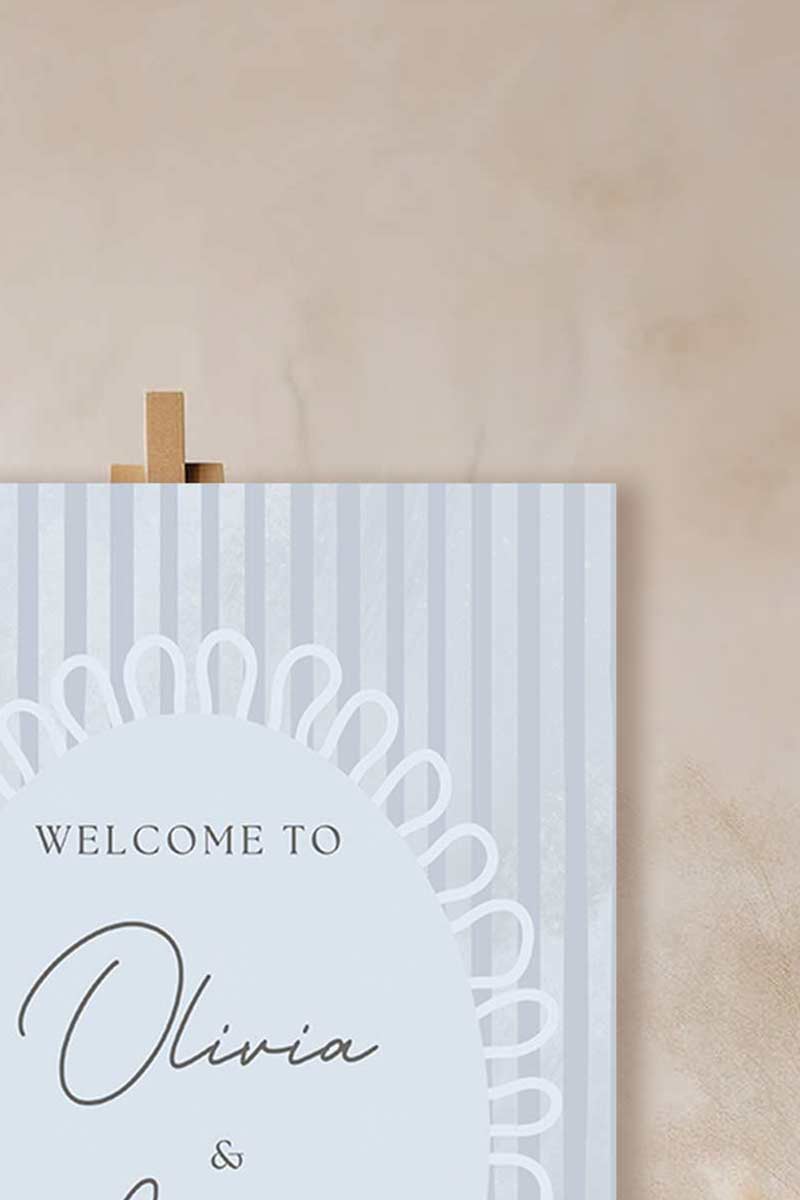 Striped welcome sign. Bridal shower sign. blue, light blue. Celebration events for engagement, birthday, baby shower or weddings. Corporate event signage. Wedding & event stationery. Personalize & customize in Canva. Digital Download. Print around the world at a local print shop