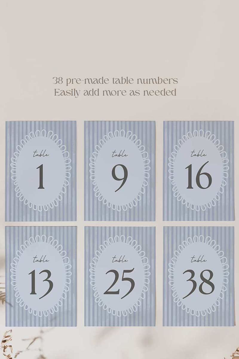 Striped table numbers. Bridal shower table numbers. blue, light blue. Wedding table decor. Corporate event table number. Guest seating. Find your table. Celebration events for engagement, birthday, baby shower or weddings. Wedding & event stationery. Personalize & customize in Canva. Digital Download. Print around the world at a local print shop