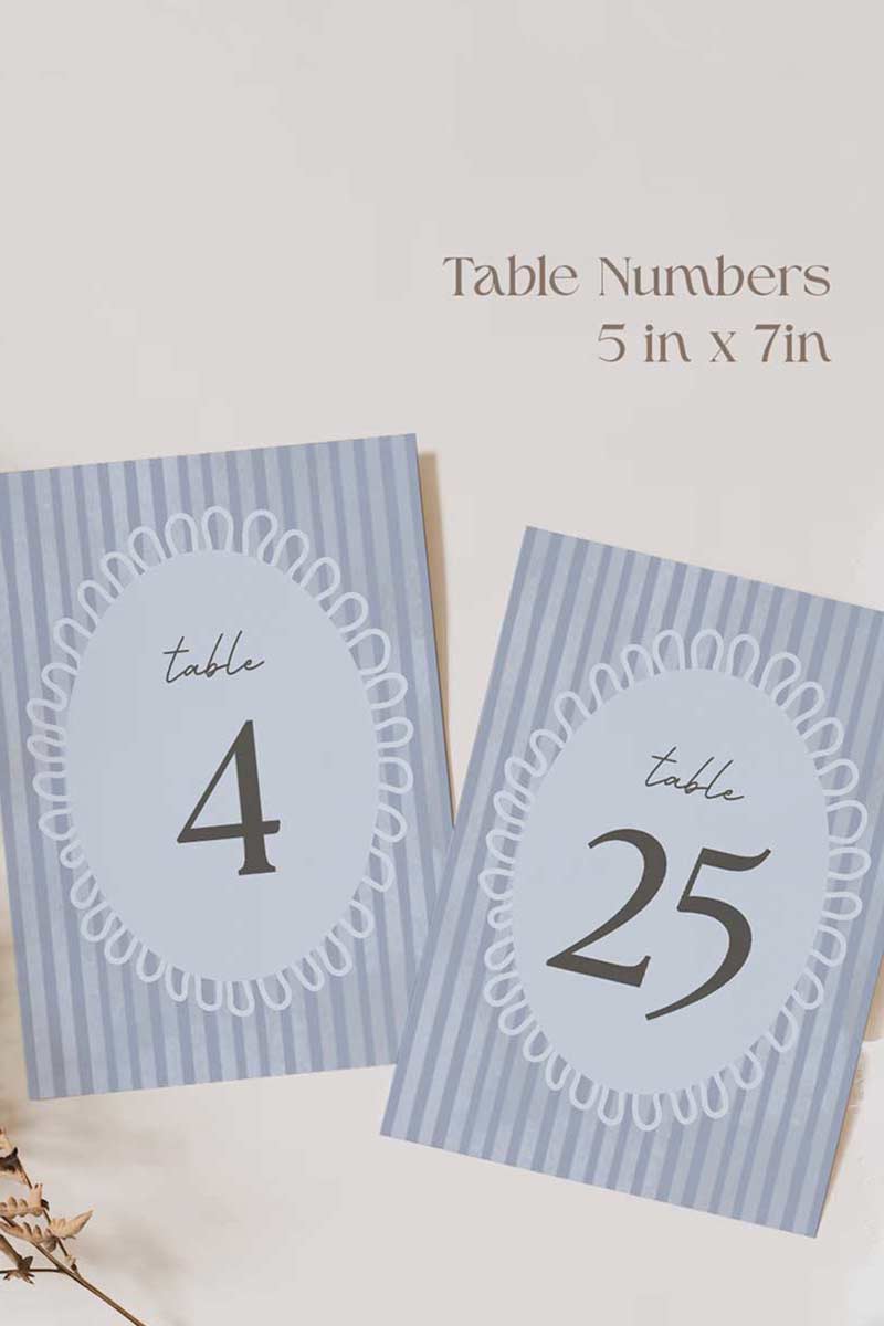 Striped table numbers. Bridal shower table numbers. blue, light blue. Wedding table decor. Corporate event table number. Guest seating. Find your table. Celebration events for engagement, birthday, baby shower or weddings. Wedding & event stationery. Personalize & customize in Canva. Digital Download. Print around the world at a local print shop