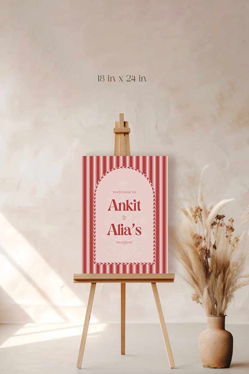 Jaipur block print Welcome Sign with arched stripes and chevron pattern in the shades of red, pink, and beige. Indian Wedding Events like jago, sangeet, mehndi, haldi, chunni & maiyan. Inspired by Villa Palladio Jaipur. Palace Arches. Traditional and modern indian design. Personalize and customize in Canva. Print at any local printer around the World.
