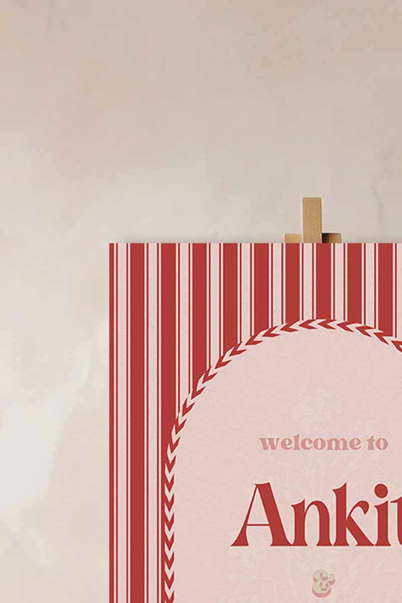 Jaipur block print Welcome Sign with arched stripes and chevron pattern in the shades of red, pink, and beige. Indian Wedding Events like jago, sangeet, mehndi, haldi, chunni & maiyan. Inspired by Villa Palladio Jaipur. Palace Arches. Traditional and modern indian design. Personalize and customize in Canva. Print at any local printer around the World.