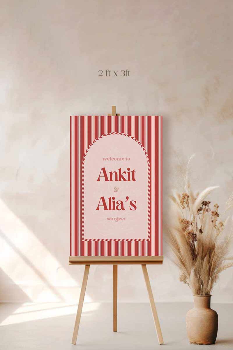 Jaipur block print Welcome Sign with arched stripes and chevron pattern in the shades of red, pink, and beige. Indian Wedding Events like jago, sangeet, mehndi, haldi, chunni & maiyan. Inspired by Villa Palladio Jaipur. Palace Arches. Traditional and modern indian design. Personalize and customize in Canva. Print at any local printer around the World.