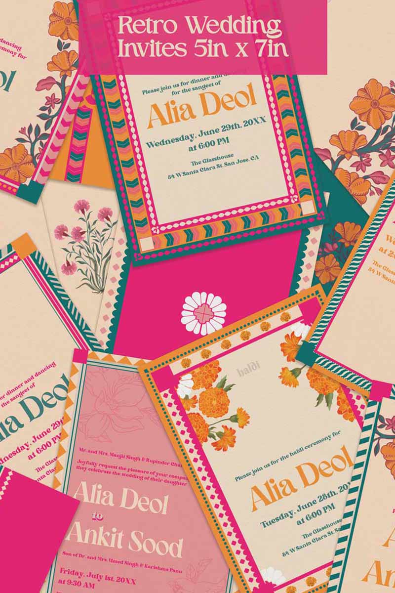 Retro Wedding Invitation Set in the shades of teal, orange, yellow, hot pink, beige and baby pink. With orange marigold floral. Jaipur block print artwork. It has line drawn florals and birds. Sized at 5 inches x 7 inches with front and back design options. Indian Wedding Invitation Set. Personalize and customize in Canva. Print at any local printer around the World. Florals & Birds
