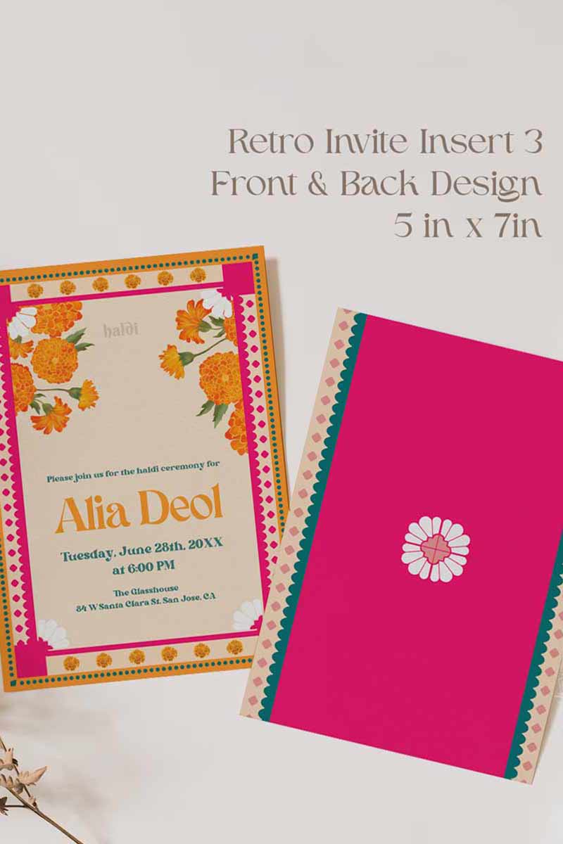 Retro Wedding Invitation Set in the shades of teal, orange, yellow, hot pink, beige and baby pink. With orange marigold floral. Jaipur block print artwork. It has line drawn florals and birds. Sized at 5 inches x 7 inches with front and back design options. Indian Wedding Invitation Set. Personalize and customize in Canva. Print at any local printer around the World. Florals & Birds