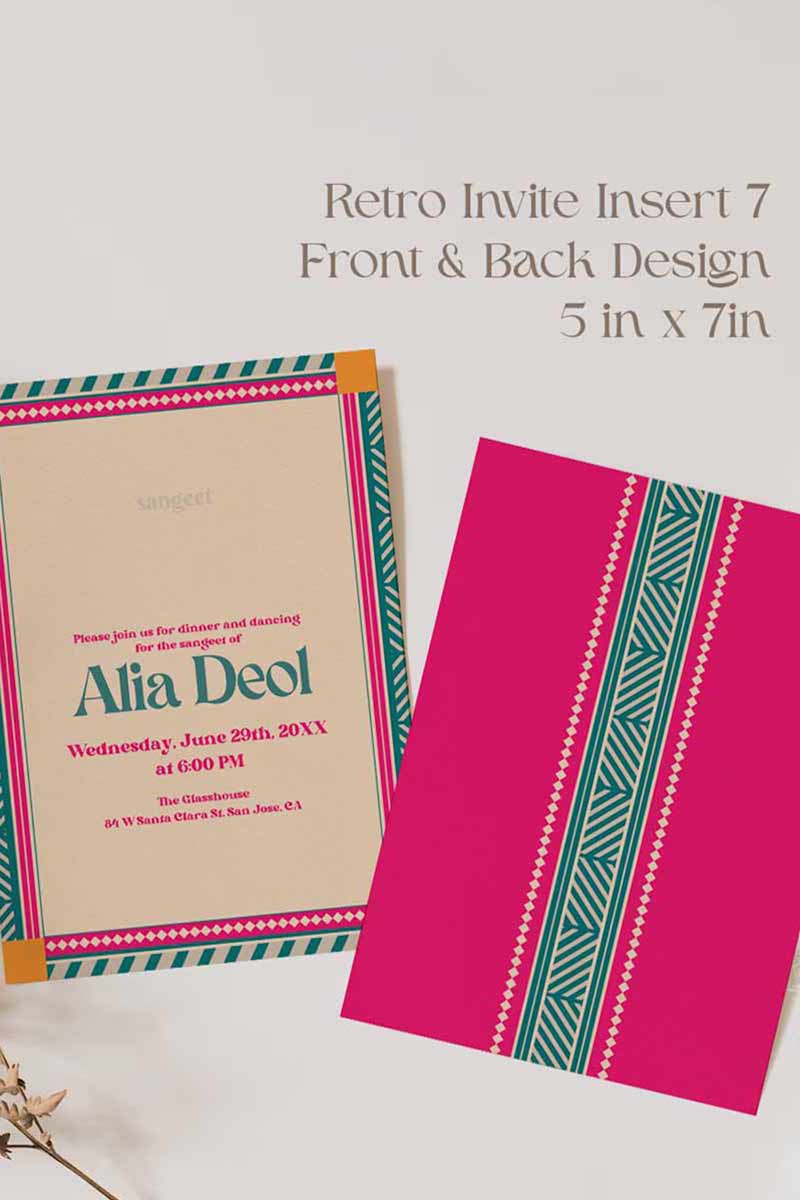 Retro Wedding Invitation Set in the shades of teal, orange, yellow, hot pink, beige and baby pink. With orange marigold floral. Jaipur block print artwork. It has line drawn florals and birds. Sized at 5 inches x 7 inches with front and back design options. Indian Wedding Invitation Set. Personalize and customize in Canva. Print at any local printer around the World. Florals & Birds