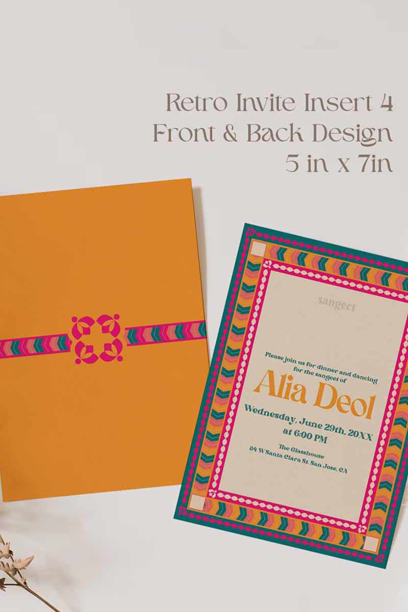 Retro Wedding Invitation Set in the shades of teal, orange, yellow, hot pink, beige and baby pink. With orange marigold floral. Jaipur block print artwork. It has line drawn florals and birds. Sized at 5 inches x 7 inches with front and back design options. Indian Wedding Invitation Set. Personalize and customize in Canva. Print at any local printer around the World. Florals & Birds