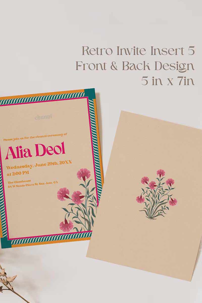 Retro Wedding Invitation Set in the shades of teal, orange, yellow, hot pink, beige and baby pink. With orange marigold floral. Jaipur block print artwork. It has line drawn florals and birds. Sized at 5 inches x 7 inches with front and back design options. Indian Wedding Invitation Set. Personalize and customize in Canva. Print at any local printer around the World. Florals & Birds