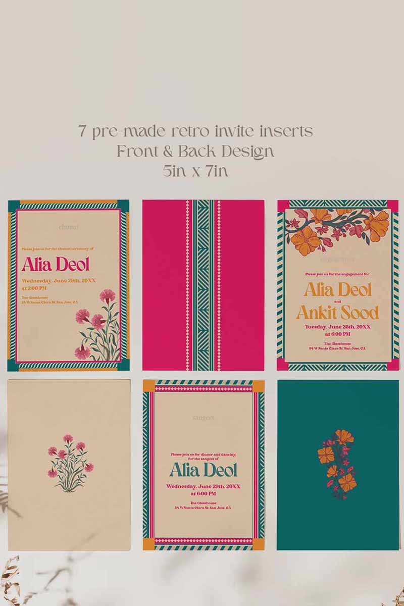 Retro Wedding Invitation Set in the shades of teal, orange, yellow, hot pink, beige and baby pink. With orange marigold floral. Jaipur block print artwork. It has line drawn florals and birds. Sized at 5 inches x 7 inches with front and back design options. Indian Wedding Invitation Set. Personalize and customize in Canva. Print at any local printer around the World. Florals & Birds