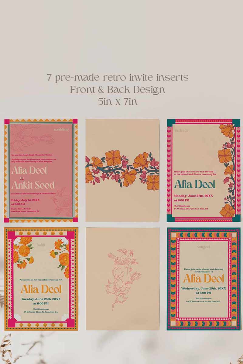 Retro Wedding Invitation Set in the shades of teal, orange, yellow, hot pink, beige and baby pink. With orange marigold floral. Jaipur block print artwork. It has line drawn florals and birds. Sized at 5 inches x 7 inches with front and back design options. Indian Wedding Invitation Set. Personalize and customize in Canva. Print at any local printer around the World. Florals & Birds