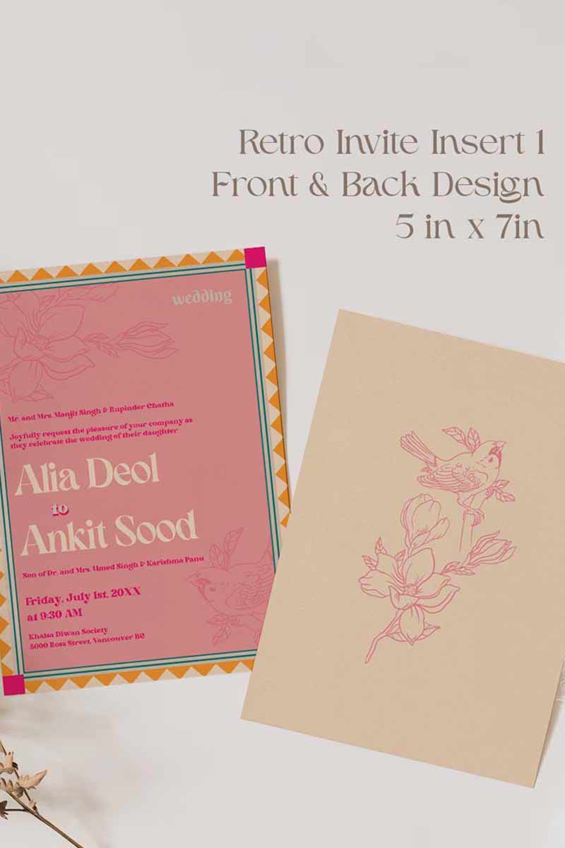Retro Wedding Invitation Set in the shades of teal, orange, yellow, hot pink, beige and baby pink. With orange marigold floral. Jaipur block print artwork. It has line drawn florals and birds. Sized at 5 inches x 7 inches with front and back design options. Indian Wedding Invitation Set. Personalize and customize in Canva. Print at any local printer around the World. Florals & Birds
