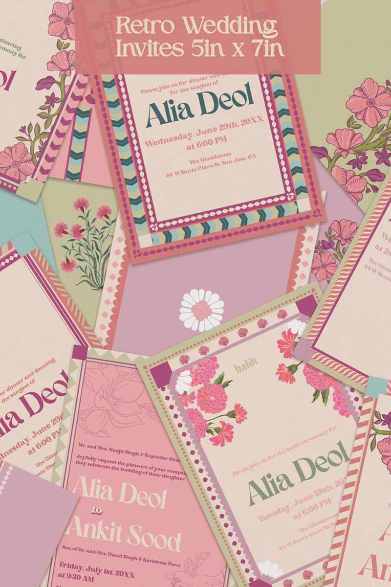 Retro Wedding Invitation Set in the shades of blue, green, light pink, hot pink, beige and green and pastel colours. With orange marigold floral. Jaipur block print artwork. It has line drawn florals and birds. Sized at 5 inches x 7 inches with front and back design options. Indian Wedding Invitation Set. Personalize and customize in Canva. Print at any local printer around the World. Florals & Birds