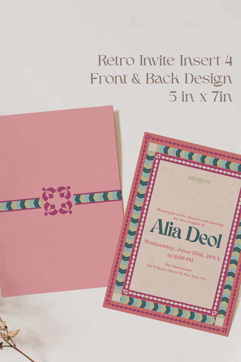 Retro Wedding Invitation Set in the shades of blue, green, light pink, hot pink, beige and green and pastel colours. With orange marigold floral. Jaipur block print artwork. It has line drawn florals and birds. Sized at 5 inches x 7 inches with front and back design options. Indian Wedding Invitation Set. Personalize and customize in Canva. Print at any local printer around the World. Florals & Birds