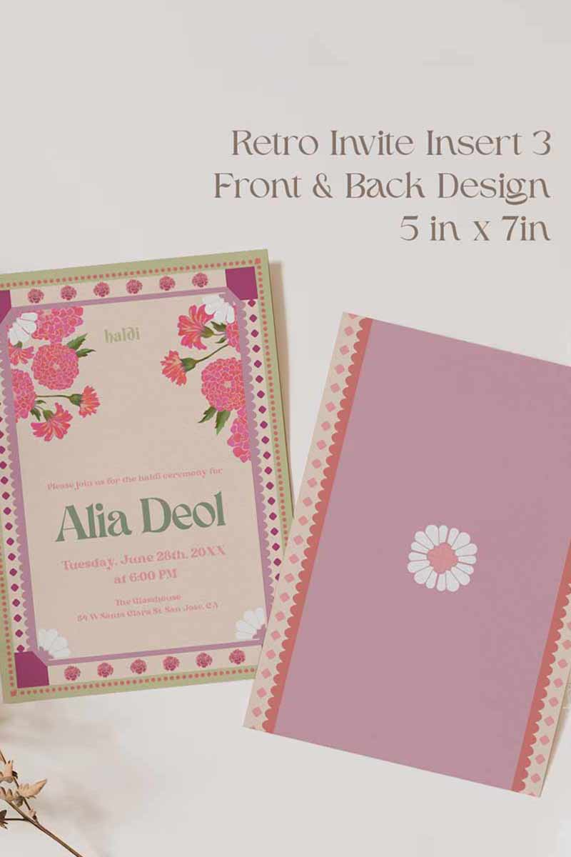 Retro Wedding Invitation Set in the shades of blue, green, light pink, hot pink, beige and green and pastel colours. With orange marigold floral. Jaipur block print artwork. It has line drawn florals and birds. Sized at 5 inches x 7 inches with front and back design options. Indian Wedding Invitation Set. Personalize and customize in Canva. Print at any local printer around the World. Florals & Birds