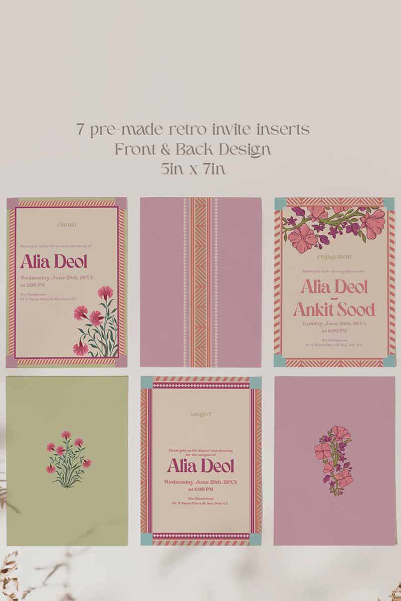 Retro Wedding Invitation Set in the shades of blue, green, light pink, hot pink, beige and green and pastel colours. With orange marigold floral. Jaipur block print artwork. It has line drawn florals and birds. Sized at 5 inches x 7 inches with front and back design options. Indian Wedding Invitation Set. Personalize and customize in Canva. Print at any local printer around the World. Florals & Birds