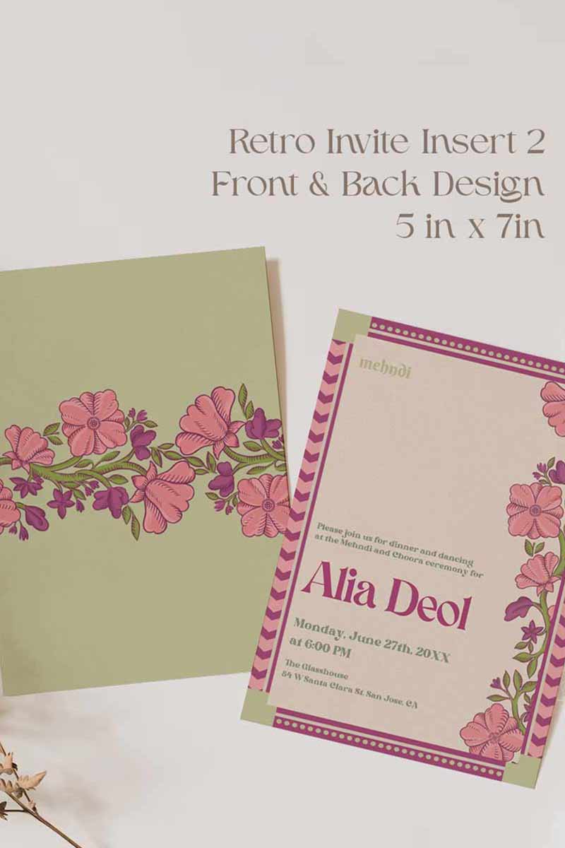 Retro Wedding Invitation Set in the shades of blue, green, light pink, hot pink, beige and green and pastel colours. With orange marigold floral. Jaipur block print artwork. It has line drawn florals and birds. Sized at 5 inches x 7 inches with front and back design options. Indian Wedding Invitation Set. Personalize and customize in Canva. Print at any local printer around the World. Florals & Birds