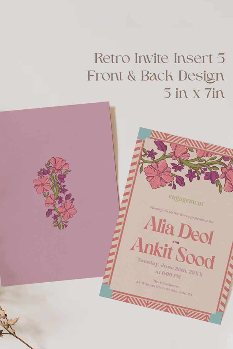 Retro Wedding Invitation Set in the shades of blue, green, light pink, hot pink, beige and green and pastel colours. With orange marigold floral. Jaipur block print artwork. It has line drawn florals and birds. Sized at 5 inches x 7 inches with front and back design options. Indian Wedding Invitation Set. Personalize and customize in Canva. Print at any local printer around the World. Florals & Birds