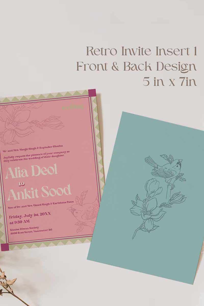 Retro Wedding Invitation Set in the shades of blue, green, light pink, hot pink, beige and green and pastel colours. With orange marigold floral. Jaipur block print artwork. It has line drawn florals and birds. Sized at 5 inches x 7 inches with front and back design options. Indian Wedding Invitation Set. Personalize and customize in Canva. Print at any local printer around the World. Florals & Birds