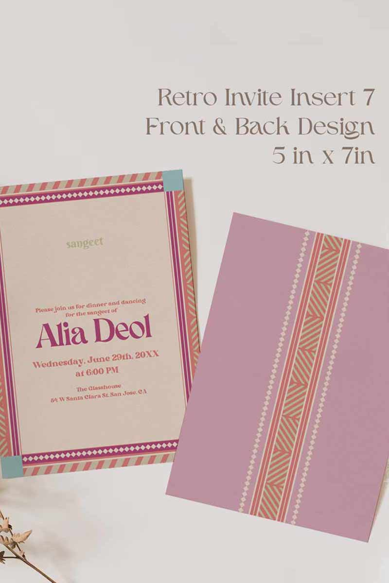 Retro Wedding Invitation Set in the shades of blue, green, light pink, hot pink, beige and green and pastel colours. With orange marigold floral. Jaipur block print artwork. It has line drawn florals and birds. Sized at 5 inches x 7 inches with front and back design options. Indian Wedding Invitation Set. Personalize and customize in Canva. Print at any local printer around the World. Florals & Birds