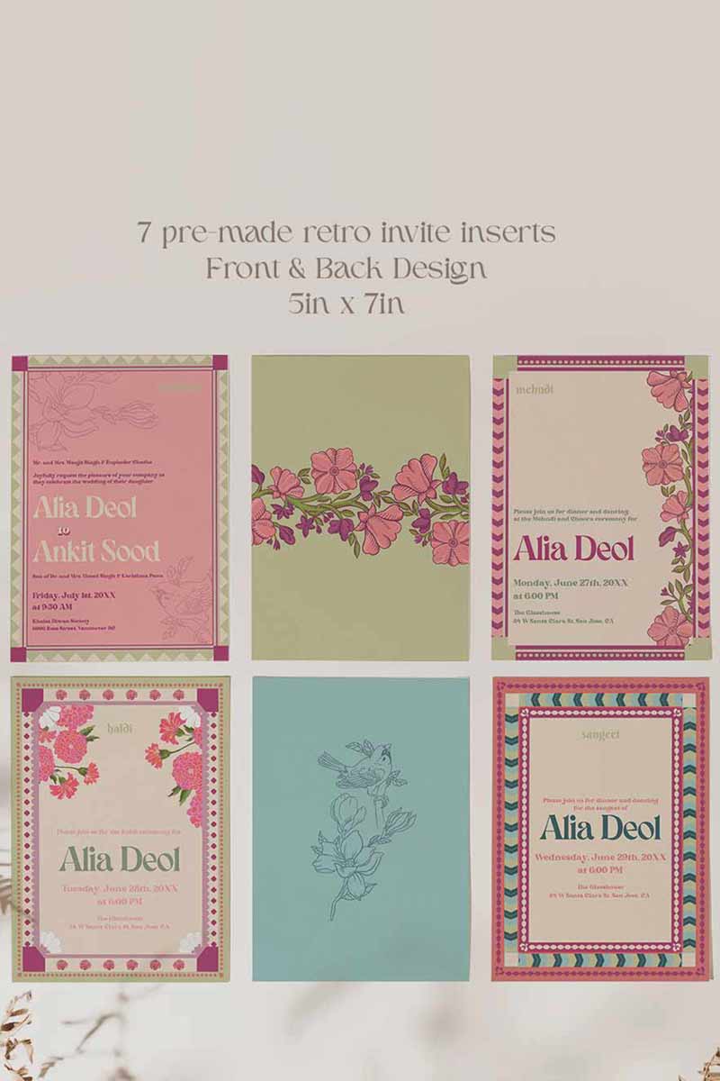 Retro Wedding Invitation Set in the shades of blue, green, light pink, hot pink, beige and green and pastel colours. With orange marigold floral. Jaipur block print artwork. It has line drawn florals and birds. Sized at 5 inches x 7 inches with front and back design options. Indian Wedding Invitation Set. Personalize and customize in Canva. Print at any local printer around the World. Florals & Birds