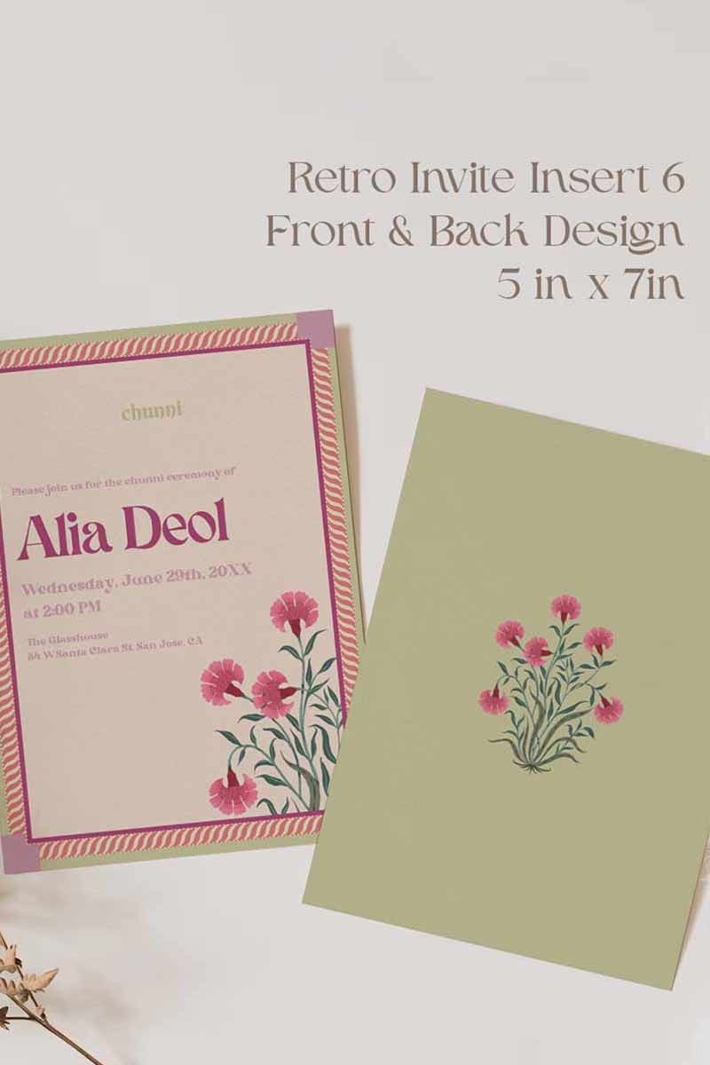 Retro Wedding Invitation Set in the shades of blue, green, light pink, hot pink, beige and green and pastel colours. With orange marigold floral. Jaipur block print artwork. It has line drawn florals and birds. Sized at 5 inches x 7 inches with front and back design options. Indian Wedding Invitation Set. Personalize and customize in Canva. Print at any local printer around the World. Florals & Birds