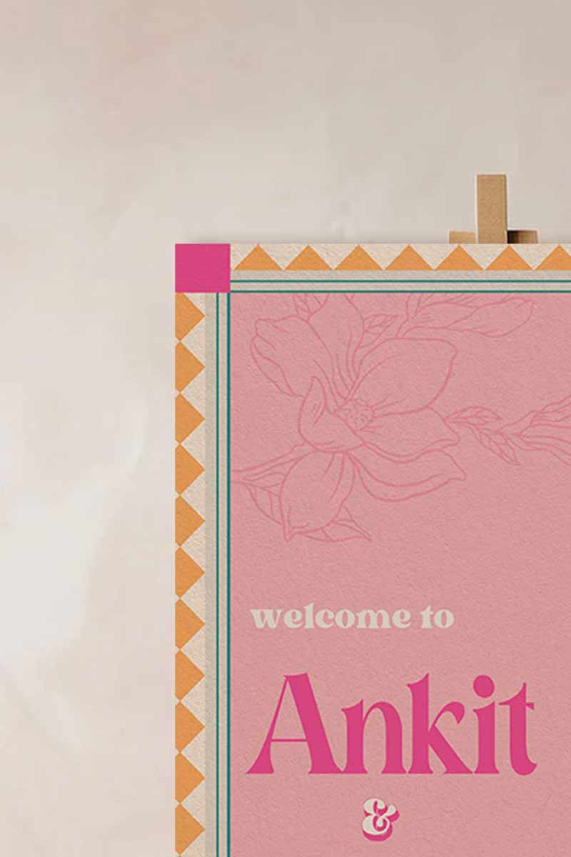 Retro Wedding Welcome Sign with florals & birds. In the shades of baby pink, hot pink, yellow, teal & beige. Indian Wedding Events like engaement, baby shower, bridal shower, jago, sangeet, mehndi, haldi, wedding & maiyan. Personalize and customize in Canva. Print at any local printer around the World.