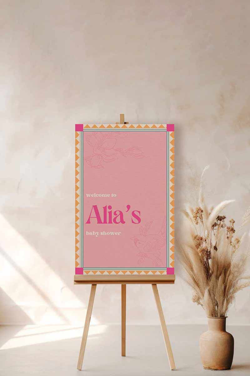 Retro Wedding Welcome Sign with florals & birds. In the shades of baby pink, hot pink, yellow, teal & beige. Indian Wedding Events like engaement, baby shower, bridal shower, jago, sangeet, mehndi, haldi, wedding & maiyan. Personalize and customize in Canva. Print at any local printer around the World.