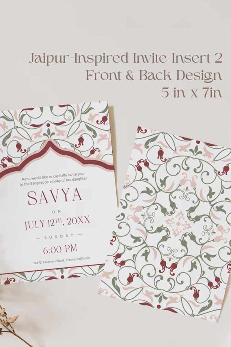 Jaipur-inspired Wedding Invitation Set in the shades of maroon, pink, mehndi green, and white. With maroon & pink florals & Indian elephants. Jaipur block print artwork. It is inspired by Jaipuri style design and art. Sized at 5" x 7" with front and back design options. Indian Wedding Invitation Set. Personalize and customize in Canva. Print at any local printer around the World. Florals & Birds