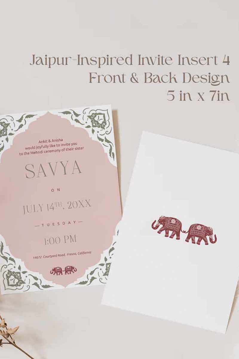 Jaipur-inspired Wedding Invitation Set in the shades of maroon, pink, mehndi green, and white. With maroon & pink florals & Indian elephants. Jaipur block print artwork. It is inspired by Jaipuri style design and art. Sized at 5" x 7" with front and back design options. Indian Wedding Invitation Set. Personalize and customize in Canva. Print at any local printer around the World. Florals & Birds