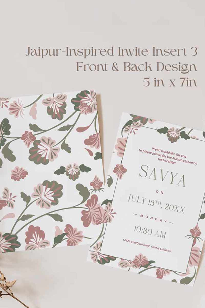 Jaipur-inspired Wedding Invitation Set in the shades of maroon, pink, mehndi green, and white. With maroon & pink florals & Indian elephants. Jaipur block print artwork. It is inspired by Jaipuri style design and art. Sized at 5" x 7" with front and back design options. Indian Wedding Invitation Set. Personalize and customize in Canva. Print at any local printer around the World. Florals & Birds
