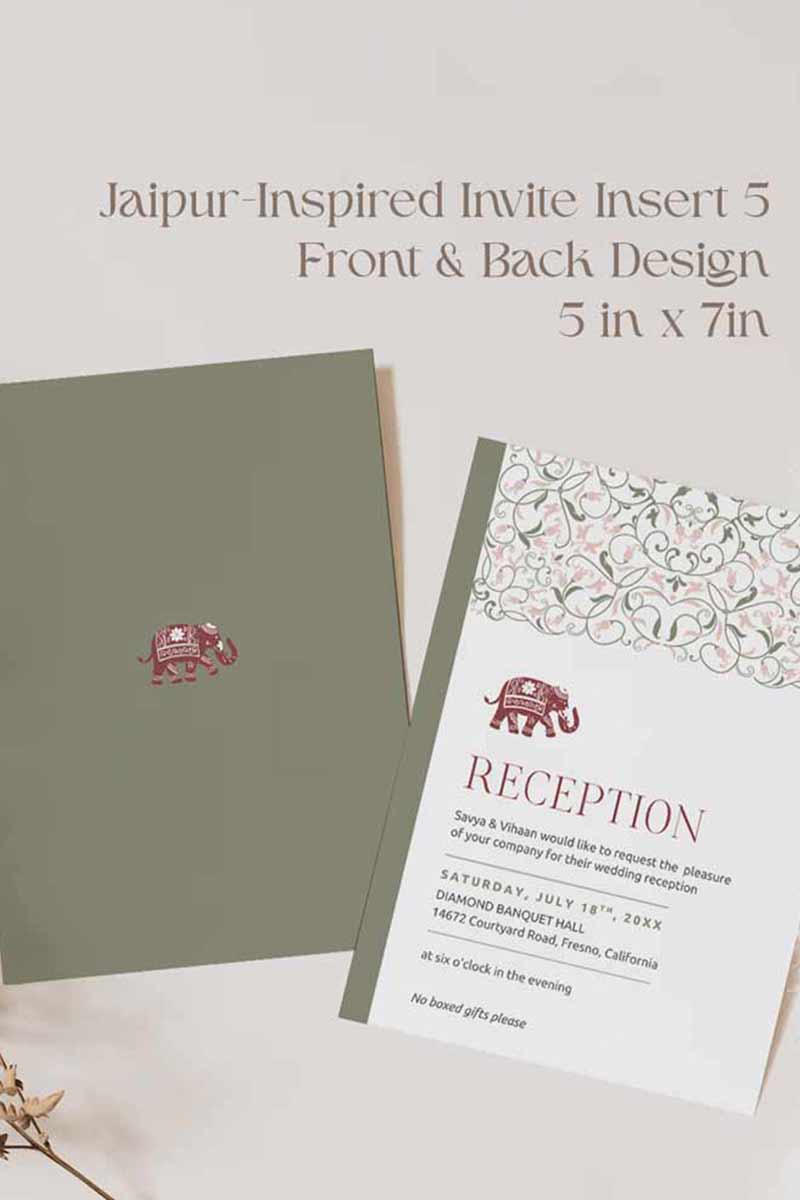 Jaipur-inspired Wedding Invitation Set in the shades of maroon, pink, mehndi green, and white. With maroon & pink florals & Indian elephants. Jaipur block print artwork. It is inspired by Jaipuri style design and art. Sized at 5" x 7" with front and back design options. Indian Wedding Invitation Set. Personalize and customize in Canva. Print at any local printer around the World. Florals & Birds
