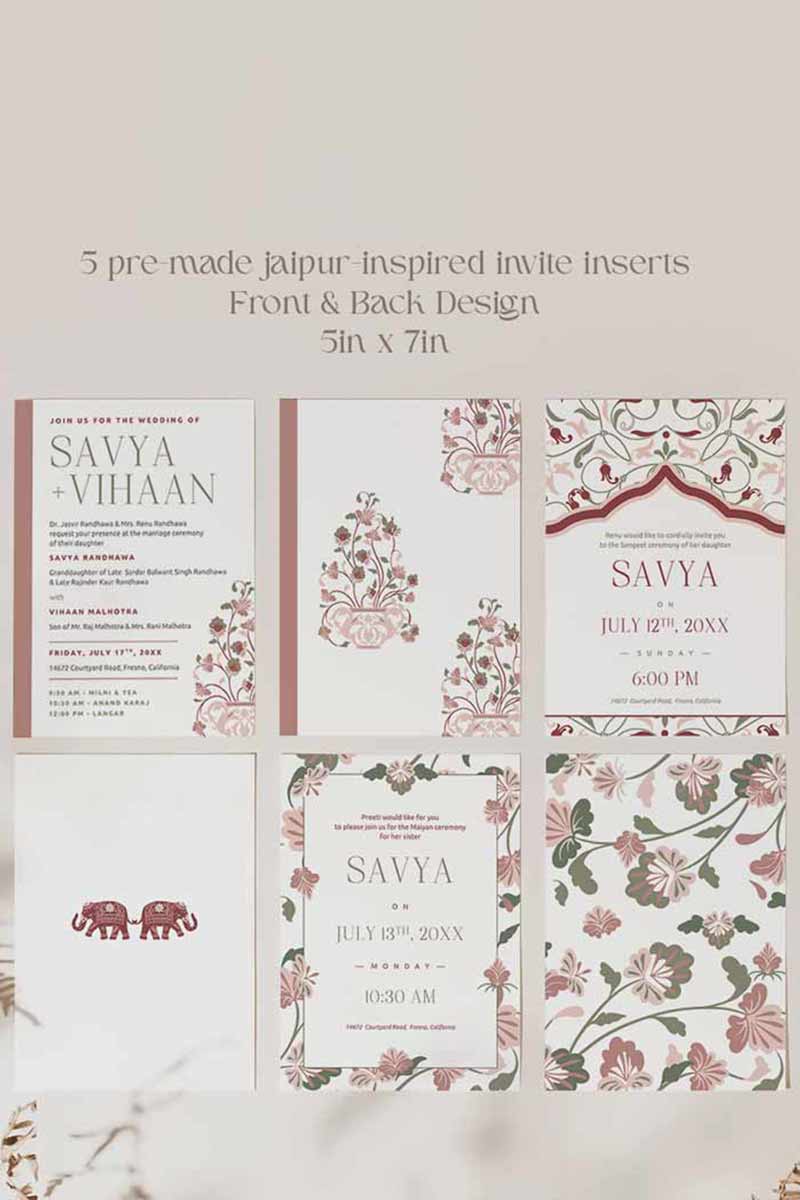 Jaipur-inspired Wedding Invitation Set in the shades of maroon, pink, mehndi green, and white. With maroon & pink florals & Indian elephants. Jaipur block print artwork. It is inspired by Jaipuri style design and art. Sized at 5" x 7" with front and back design options. Indian Wedding Invitation Set. Personalize and customize in Canva. Print at any local printer around the World. Florals & Birds