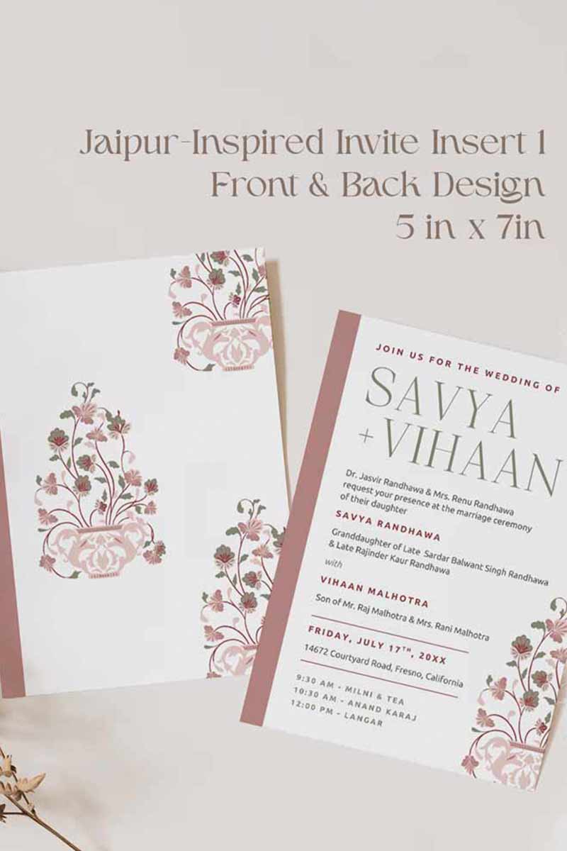 Jaipur-inspired Wedding Invitation Set in the shades of maroon, pink, mehndi green, and white. With maroon & pink florals & Indian elephants. Jaipur block print artwork. It is inspired by Jaipuri style design and art. Sized at 5" x 7" with front and back design options. Indian Wedding Invitation Set. Personalize and customize in Canva. Print at any local printer around the World. Florals & Birds