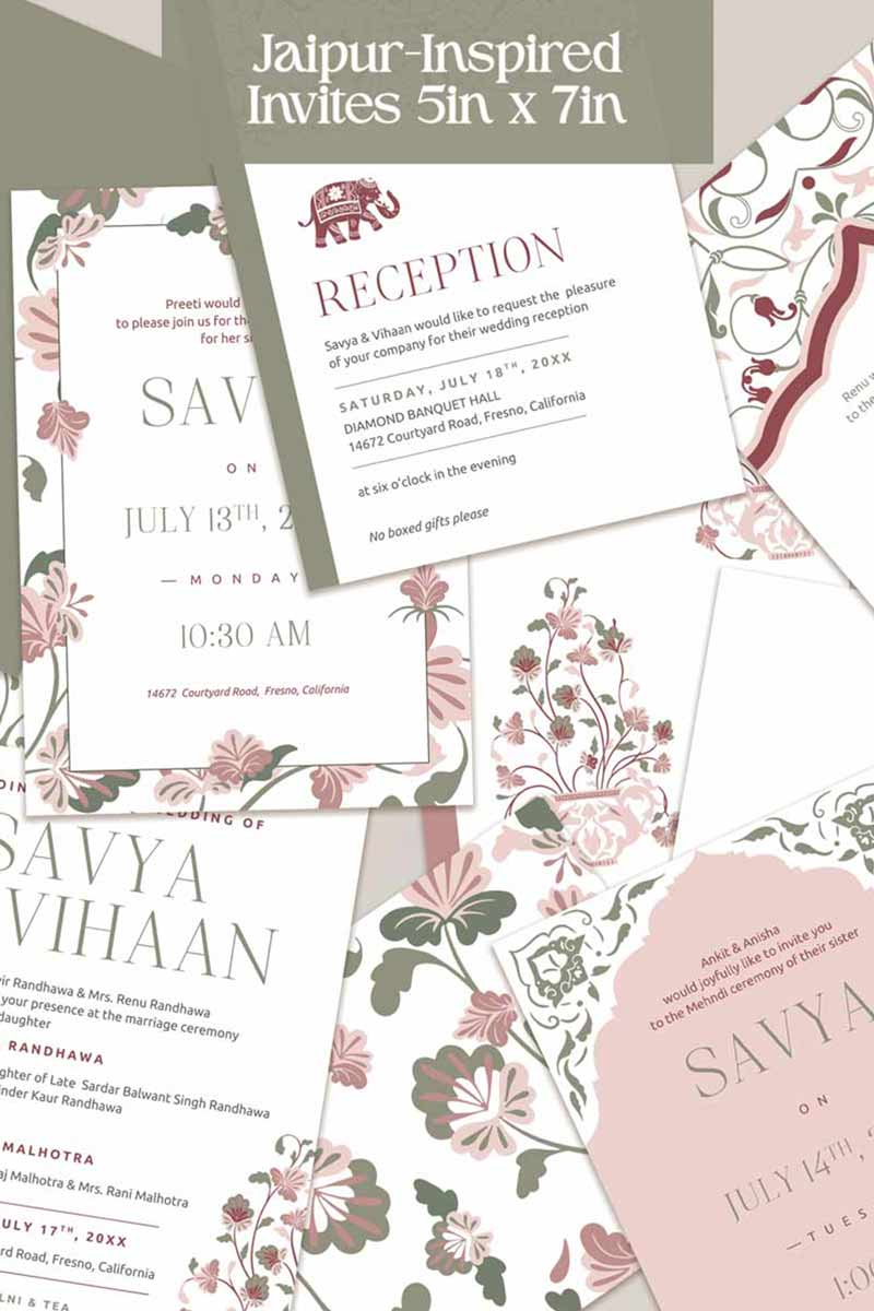 Jaipur-inspired Wedding Invitation Set in the shades of maroon, pink, mehndi green, and white. With maroon & pink florals & Indian elephants. Jaipur block print artwork. It is inspired by Jaipuri style design and art. Sized at 5" x 7" with front and back design options. Indian Wedding Invitation Set. Personalize and customize in Canva. Print at any local printer around the World. Florals & Birds