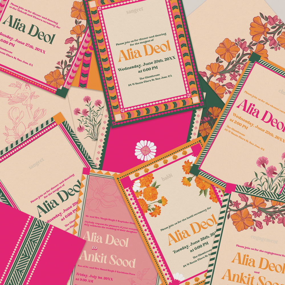 Retro Wedding Invitation Set in the shades of forest green, orange, yellow, hot pink, beige and baby pink. With orange marigold floral. Jaipur block print artwork. It has line drawn florals and birds. Sized at 5 inches x 7 inches with front and back design options. Indian Wedding Invitation Set. Personalize and customize in Canva. Print at any local printer around the World. Florals & Birds