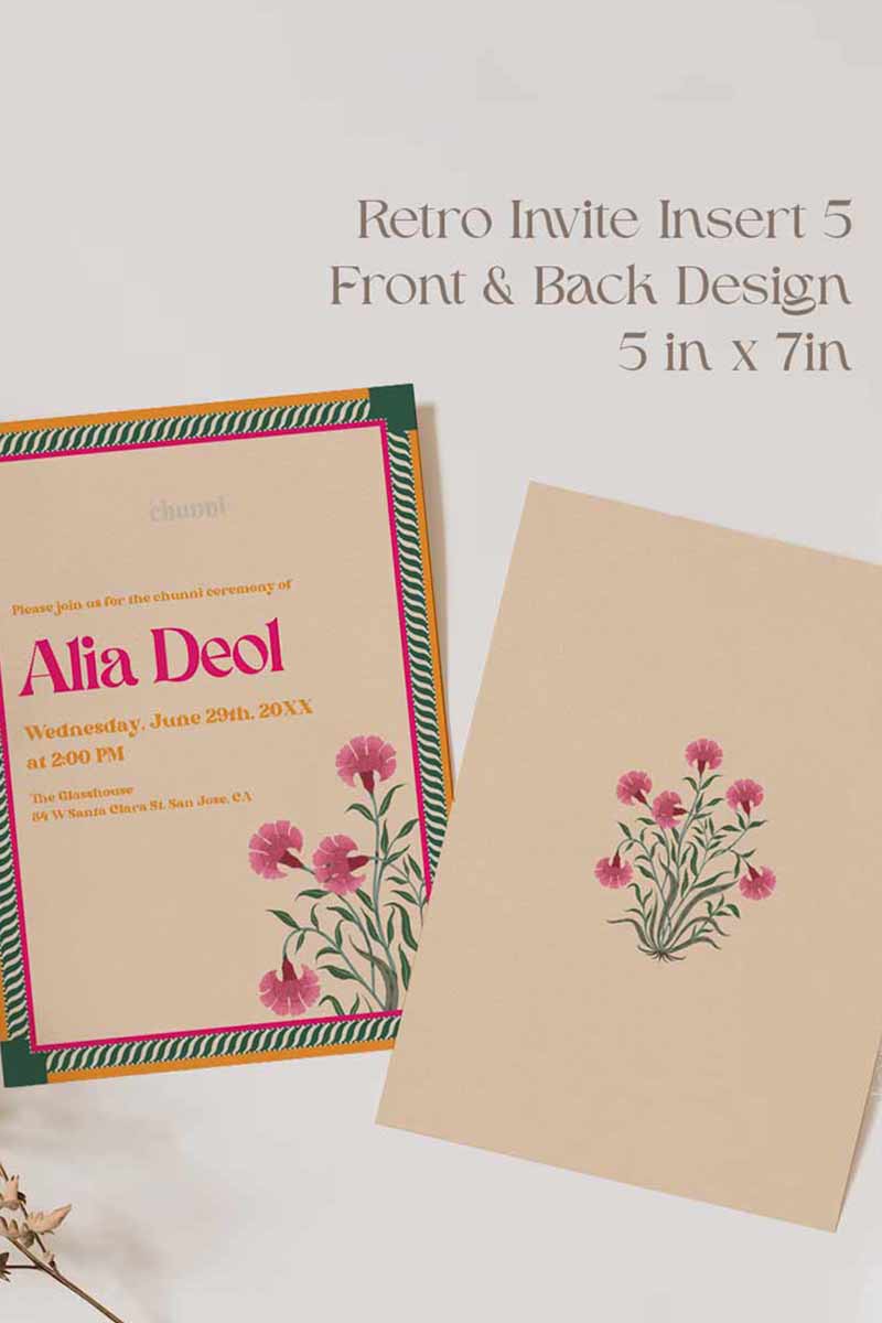 Retro Wedding Invitation Set in the shades of forest green, orange, yellow, hot pink, beige and baby pink. With orange marigold floral. Jaipur block print artwork. It has line drawn florals and birds. Sized at 5 inches x 7 inches with front and back design options. Indian Wedding Invitation Set. Personalize and customize in Canva. Print at any local printer around the World. Florals & Birds