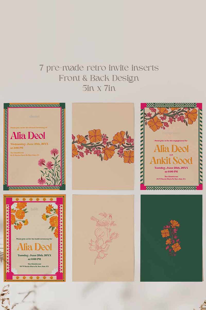 Retro Wedding Invitation Set in the shades of forest green, orange, yellow, hot pink, beige and baby pink. With orange marigold floral. Jaipur block print artwork. It has line drawn florals and birds. Sized at 5 inches x 7 inches with front and back design options. Indian Wedding Invitation Set. Personalize and customize in Canva. Print at any local printer around the World. Florals & Birds