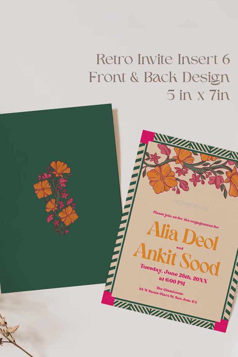 Retro Wedding Invitation Set in the shades of forest green, orange, yellow, hot pink, beige and baby pink. With orange marigold floral. Jaipur block print artwork. It has line drawn florals and birds. Sized at 5 inches x 7 inches with front and back design options. Indian Wedding Invitation Set. Personalize and customize in Canva. Print at any local printer around the World. Florals & Birds