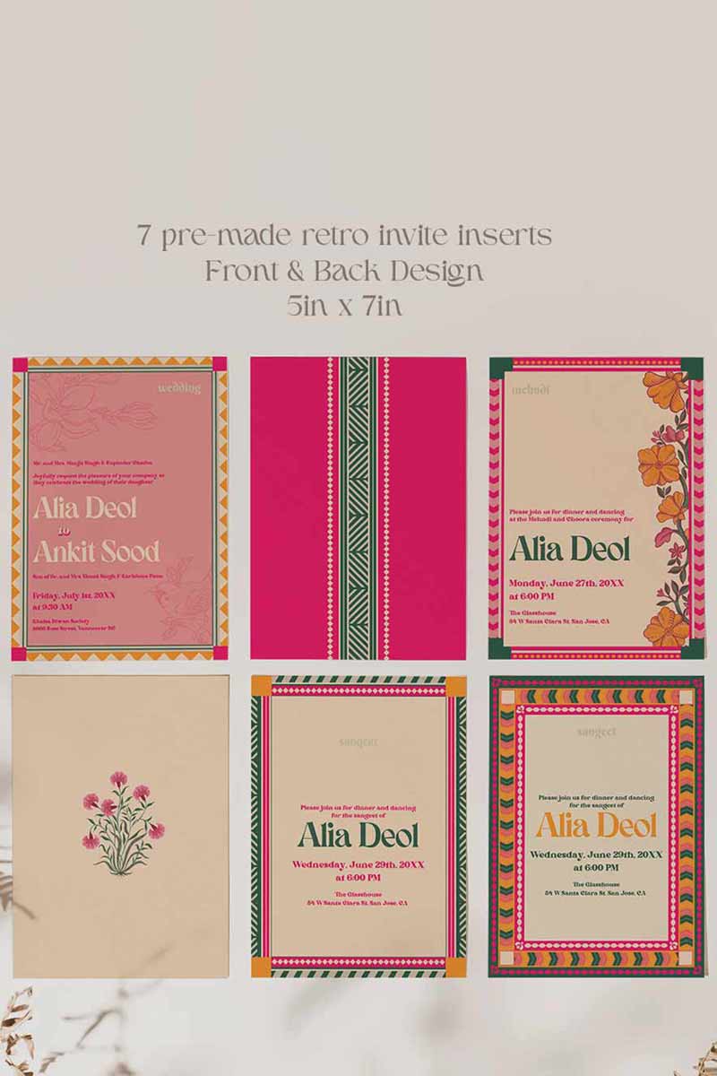 Retro Wedding Invitation Set in the shades of forest green, orange, yellow, hot pink, beige and baby pink. With orange marigold floral. Jaipur block print artwork. It has line drawn florals and birds. Sized at 5 inches x 7 inches with front and back design options. Indian Wedding Invitation Set. Personalize and customize in Canva. Print at any local printer around the World. Florals & Birds
